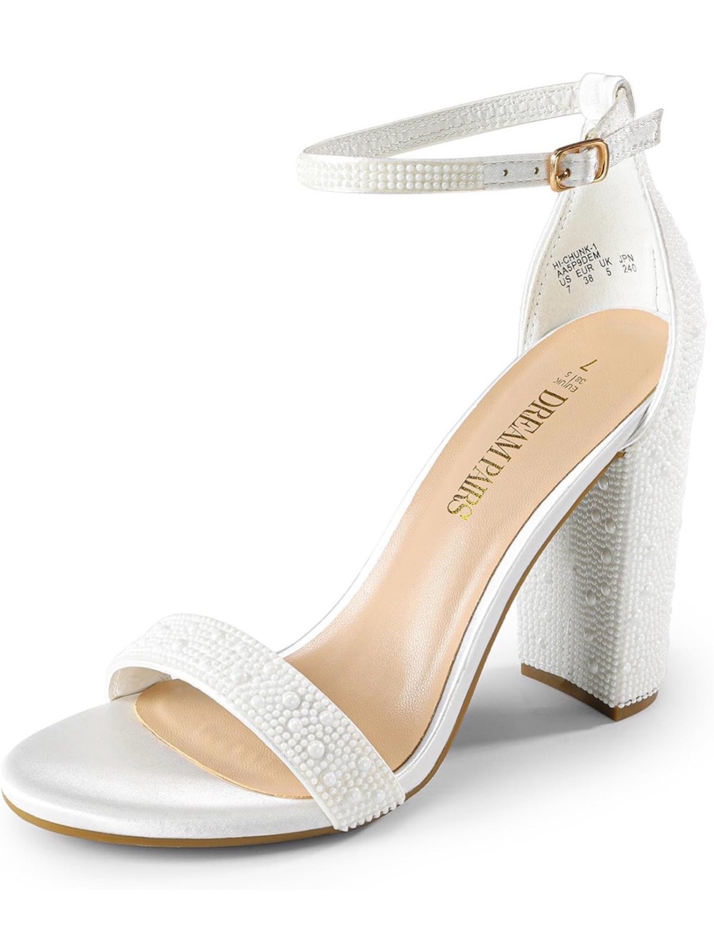 Dream Pairs White Pearl-Embellished Ankle Strap Block Heels